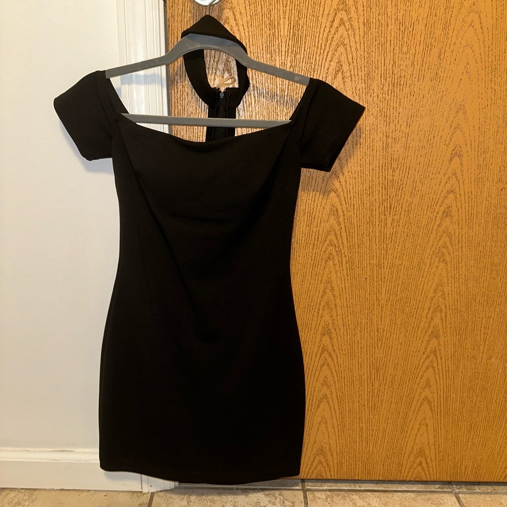 Off the shoulder black dress with choker collar